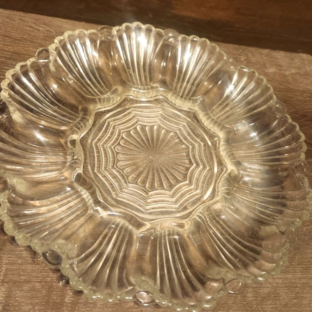 Anchor Hocking Clear Glass Deviled Egg Relish Plate Shell Design Doz